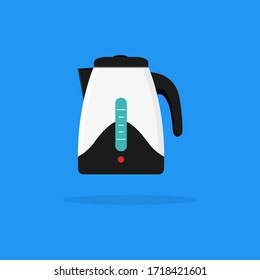 Icono de hervidor eléctrico. Buque para hervir líquidos o alimentos para cocinar. Equipo doméstico. Equipamiento doméstico. Diseño vectorial plano. Ilustración aislada en fondo azul.