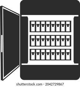 The icon of the electric meter box with valves. Circuit breakers in the box. Flat vector illustration on a white background. Electric panel icon for web design, applications.