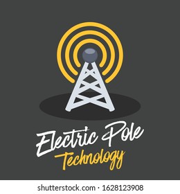 icon electric pole wireless lans signal power transmission high voltage power line supplies electricity, flat design style and vector illustration, yellow color
