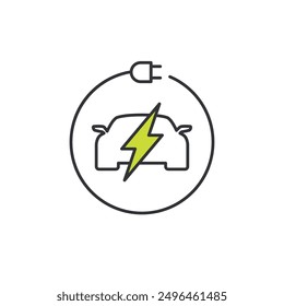 Icon for electric vehicle. Symbol for vehicle that powered from electricity. Pictures of vehicle with flash sign in the middle and circle of power. 