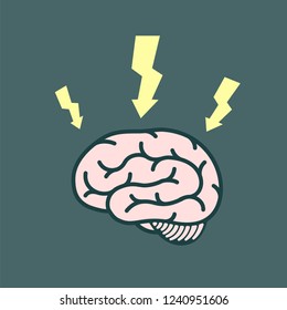 Icon electrical discharges around the human brain. Vector flat graphics illustration 