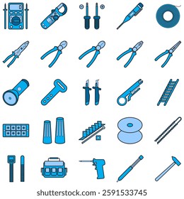 Icon, Electrical tools, Voltmeter, Ammeter, Clamp Meter, Clip Amp, Screwdriver set, Electrical test screwdriver, Check Lamp, Electrical tape, Wire stripper, Wire cutter, Cutter, torch, Cable clips, 