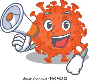 An icon of electron microscope coronavirus holding a megaphone