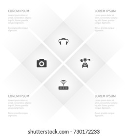 Icon Electronics Set Of Wifi, Lens, Old Phone And Other Vector Objects. Also Includes Headphone, Photo, Telephone Elements.