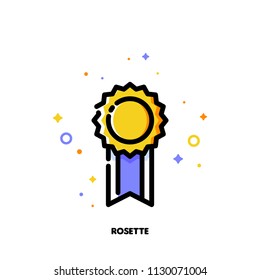 Icon of elegant golden rosette for success or winner concept. Flat filled outline style. Pixel perfect 64x64. Editable stroke