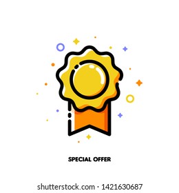 Icon of elegant rosette which symbolizes special offer for money-saving shopping concept. Flat filled outline style. Pixel perfect 64x64. Editable stroke