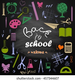 Icon element collection set education. Illustration back to school written on blackboard background. Inscription back to school