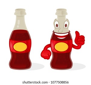 Icon element cute happy glass bottle with fresh fizzy water non alcohol ice drink which show thumb up. Modern vector style illustration flat design cartoon character. Mascot logo.