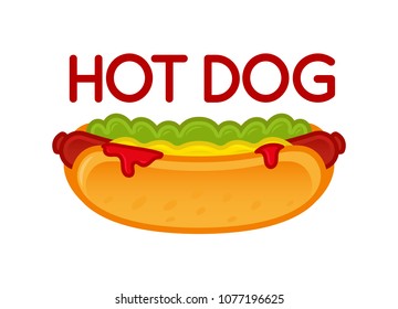 Icon element fast food delicious classical American hot-dog. Modern vector illustration mascot logo with text flat subject design.

