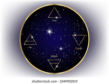 icon elements : Air , Earth , Fire and Water. Wiccan divination symbols. Ancient occult golden symbols, background against dark blue starry night sky, vector illustration 