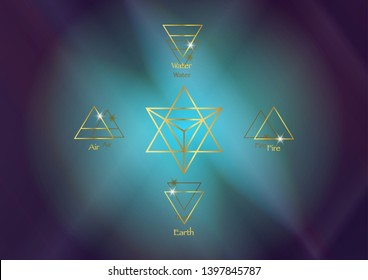 icon elements : Air Earth Fire Water and Merkaba Star tetrahedron, Wiccan divination symbols. Ancient occult gold symbols, south east north west, vector illustration colorful cosmos space background 