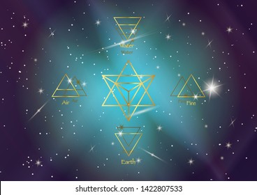 icon elements : Air Earth Fire Water and Merkaba Star tetrahedron, Wiccan divination symbols. Ancient occult gold symbols, south east north west, vector illustration blue cosmos space background 