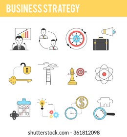 Icon elements of business people organization, strategy management, company seminar training, career progress, success idea. Modern flat line infographic vector logo pictogram collection concept