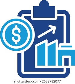 Elementos de ícone para representar conceitos relacionados a emissão de relatórios financeiros, análise de desempenho, remuneração ou crescimento do investimento empresarial.