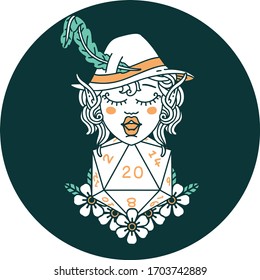 icon of elf bard character with natural twenty dice roll