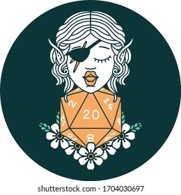 icon of elf rogue character with natural twenty dice roll