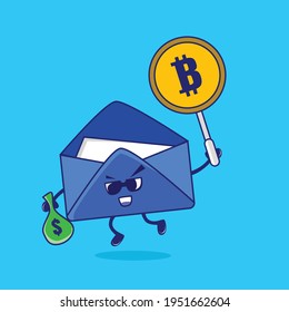 An icon of email cartoon design style with bitcoin sign board