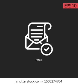 Icon email succes with line icon and background black. Email linear icon. Thin line illustration. Email success with tick mark contour symbol. Vector isolated outline drawing.  