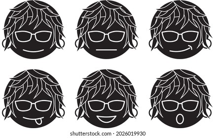 Icon, emoji, logo of a shaggy haired face with different expressions. Black and white version.