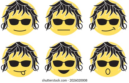 Icon, emoji, logo of a shaggy haired face with different expressions. Black, white and yellow version.