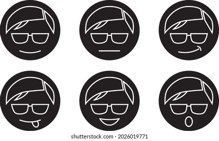Icon, emoji, logo of a short haired face with different expressions. Black and white version.