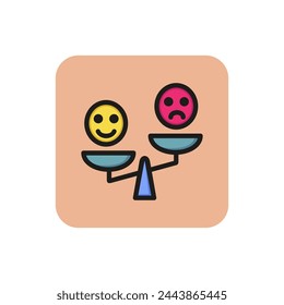 Icon of Emoticons on Scales. Positive, negative, emotion. Happiness versus sadness concept. Can be used for topics like pros and cons, opinion, comparison.