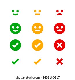 icon emotions face, emotional symbol and approval check sign button, emotions faces and checkmark x or confirm and deny, button checkbox flat for apps, faces icons and checkmark choice for checklist