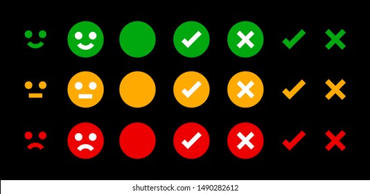 icon emotions face, emotional symbol and approval check sign button, emotions faces and checkmark x or confirm and deny, button checkbox flat for apps, faces icons and checkmark choice for checklist