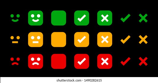 icon emotions face, emotional symbol and approval check sign button, emotions faces and checkmark x or confirm and deny, button checkbox flat for apps, faces icons and checkmark choice for checklist