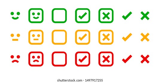 icon emotions face, emotional symbol and approval check sign button, emotions faces and checkmark x or confirm and deny, button checkbox flat for apps, faces icons and checkmark choice for checklist