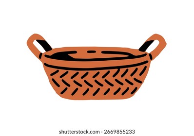 Ícone de cesta vazia para frutas e legumes. Canhão para a agricultura. Recipiente de vime ou caixa para coleta de colheita, comida de fazenda. Ilustração de vetor desenhada à mão isolada plana sobre fundo branco