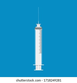 Symbol einer leeren Plastikspritze mit einer Nadel auf blauem Hintergrund. Das Konzept der Impfung, Impfung, Injektion, Kosmetologie, mit der Epidemie. Flacher Stil, Vektorgrafik.