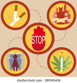 Icon of encourage men to give up bad habits: smoke, alcohol drinks, drugs, prostitution