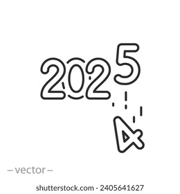 icon of end 2024 and start 2025, new year concept, thin line symbol on white background - editable stroke vector illustration