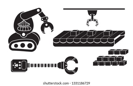 icon engine, claw of moving equipment for the factory set. conveyor machines with robotic hand for welding or packaging.logistics concept cartoon style. Vector ,illustration.