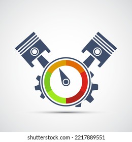 Motor de iconos con pistones con flecha y escala. Logo aislado en el fondo blanco. Ilustración vectorial.