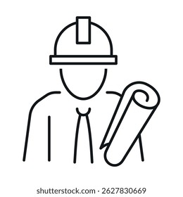 Icon of an engineer in a hard hat holding a rolled up blueprint, symbolizing innovation and design in construction or architecture.
