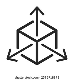 Icon for engineering 3D modeling and prototyping, featuring geometric plans and dimensions. Vector symbol, sign for web and app with outline editable thin line stroke