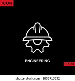 Ingeniería de iconos con casco y vectores de rueda de engranajes de cog sobre fondo negro. Línea de ilustración, icono lineal, lineal y lineal para gráficos, interfaces de medios impresos y diseño web.