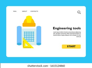 Icon of engineering tools. Blueprint, hard hat, ruler. Engineering concept. Can be used for topics like project, construction, examination