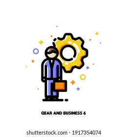 Icon of entrepreneur with briefcase on a background of gear for technical director or engineering manager concept. Flat filled outline style. Pixel perfect 64x64. Editable stroke