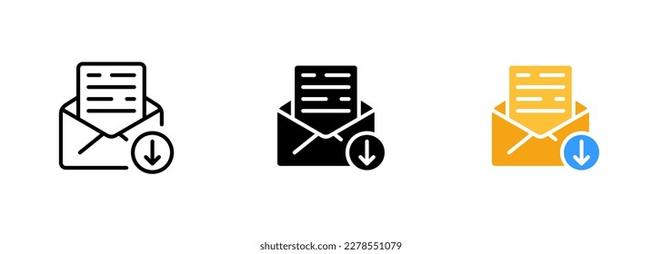 An icon of an envelope or letter with a loading or download symbol inside it. Vector set of icons in line, black and colorful styles isolated.