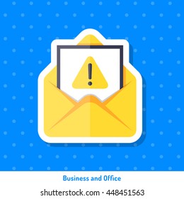 Icon of envelope with message on blue background in flat style. Sign, symbol, sticker for web design.