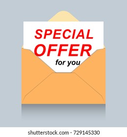 Icon of envelope with personal special offer. Vector illustration. Advertisement banner for your business.