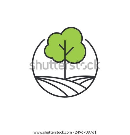 Icon of environmental conservation. Symbol of protecting environment and nature to prevent from habitat destruction and ensure the balance of ecosystem. Picture of a tree in nature habitat in circle.