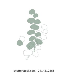 Icon of eucalyptus and silhouette. Isolated objects on a white. Sticker. Sign. Organic. Nature. Plant. Leaf.Branch. Green. 