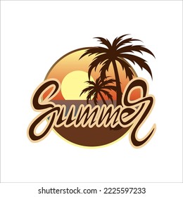 Eine Ikone eines abendlichen Strandes im Sommer in einem flachen Stil. Schrift und Kalligrafie. Beispielsymbole und Aufkleber. Vorlage für das Design. Einzeln auf weißem Hintergrund. Vektorgrafik.