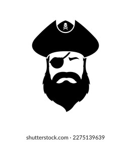 Icono de un Pirata malvado con barba. Cara de marinero masculino con sombrero pirata y parche en los ojos. Logo de Corsair.