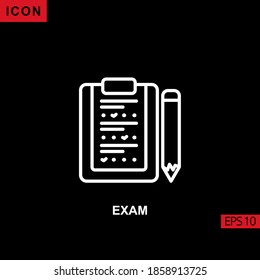 Icon exam with paper and pencil vector on black background. Illustration line, linear, outline and lineal icon for graphic, print media interfaces and web design.