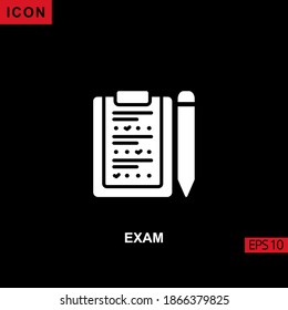 Icon exam with paper and pencil vector on black background. Illustration Filled, glyph or flat icon for graphic, print media interfaces and web design.